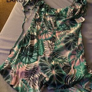 Charlotte Russe Tropical Leaf Print Jumpsuit - Green and Pink